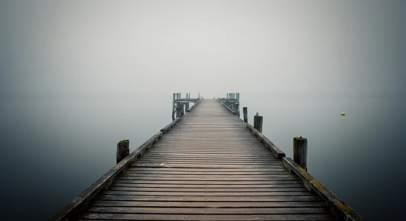 A timber jetty extending into calm water through coastal fog